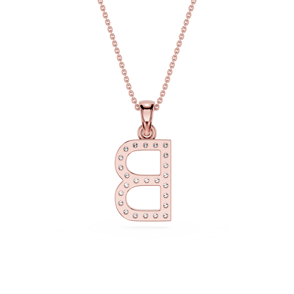 Back View Of Rose Gold Round Cut Lab Grown Diamond Pave Letter B Initial Pendant