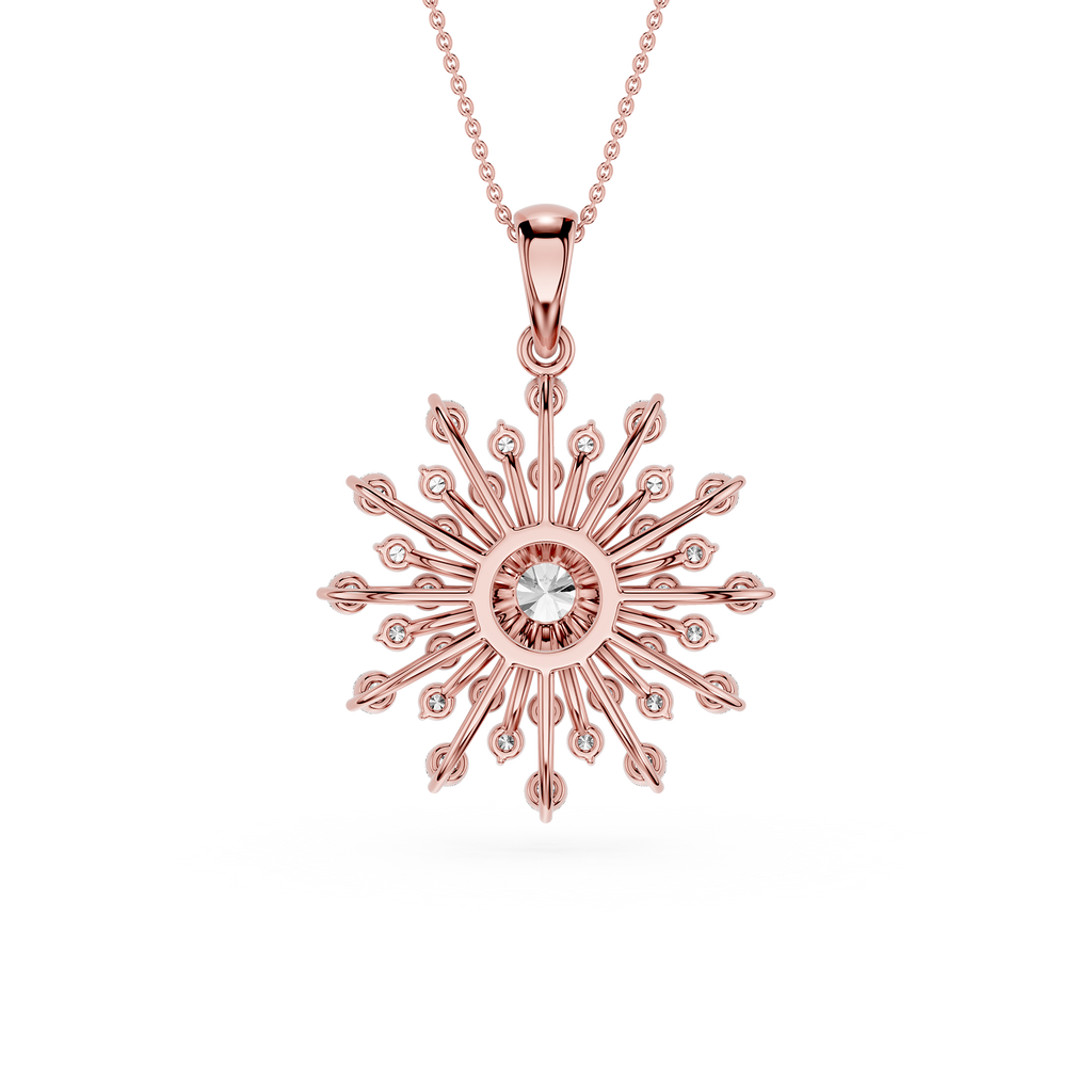 Rose gold snowflake pendant necklace on a white background