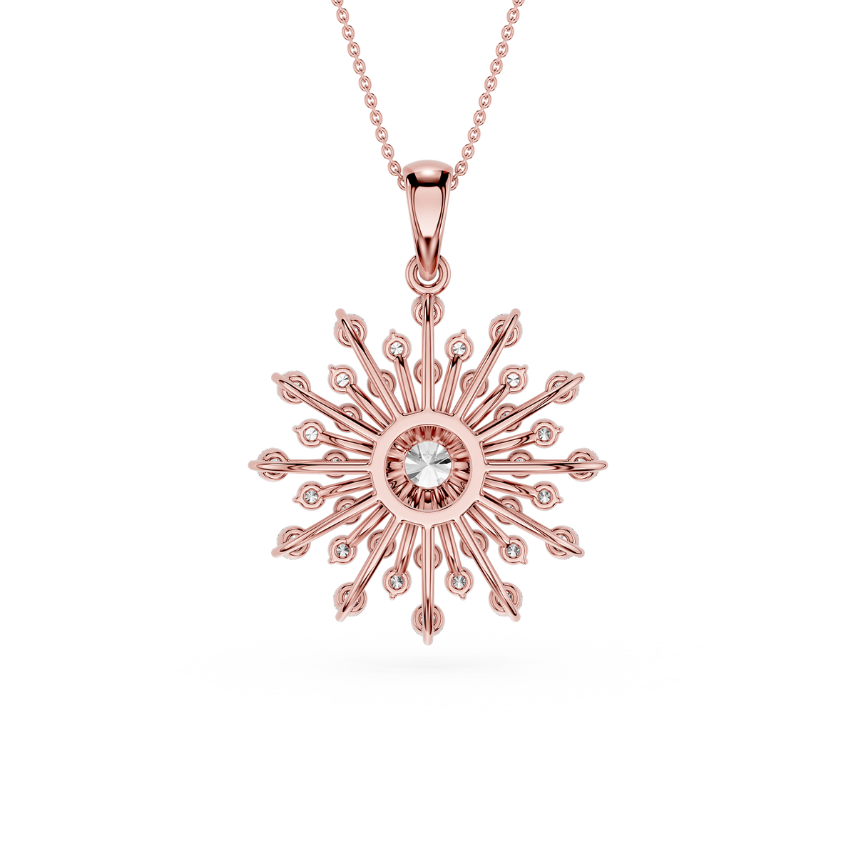 Rose gold snowflake pendant necklace on a white background