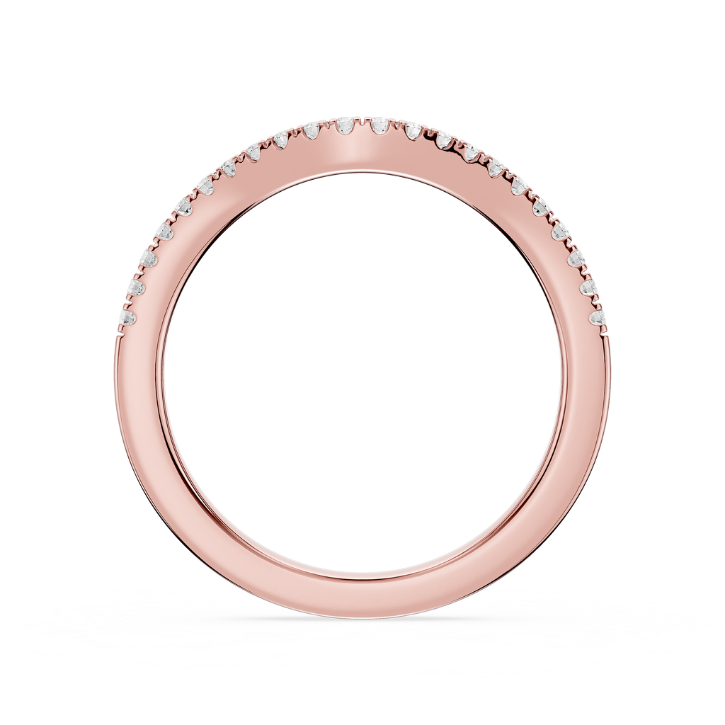 Rose gold ring with small diamonds on a white background