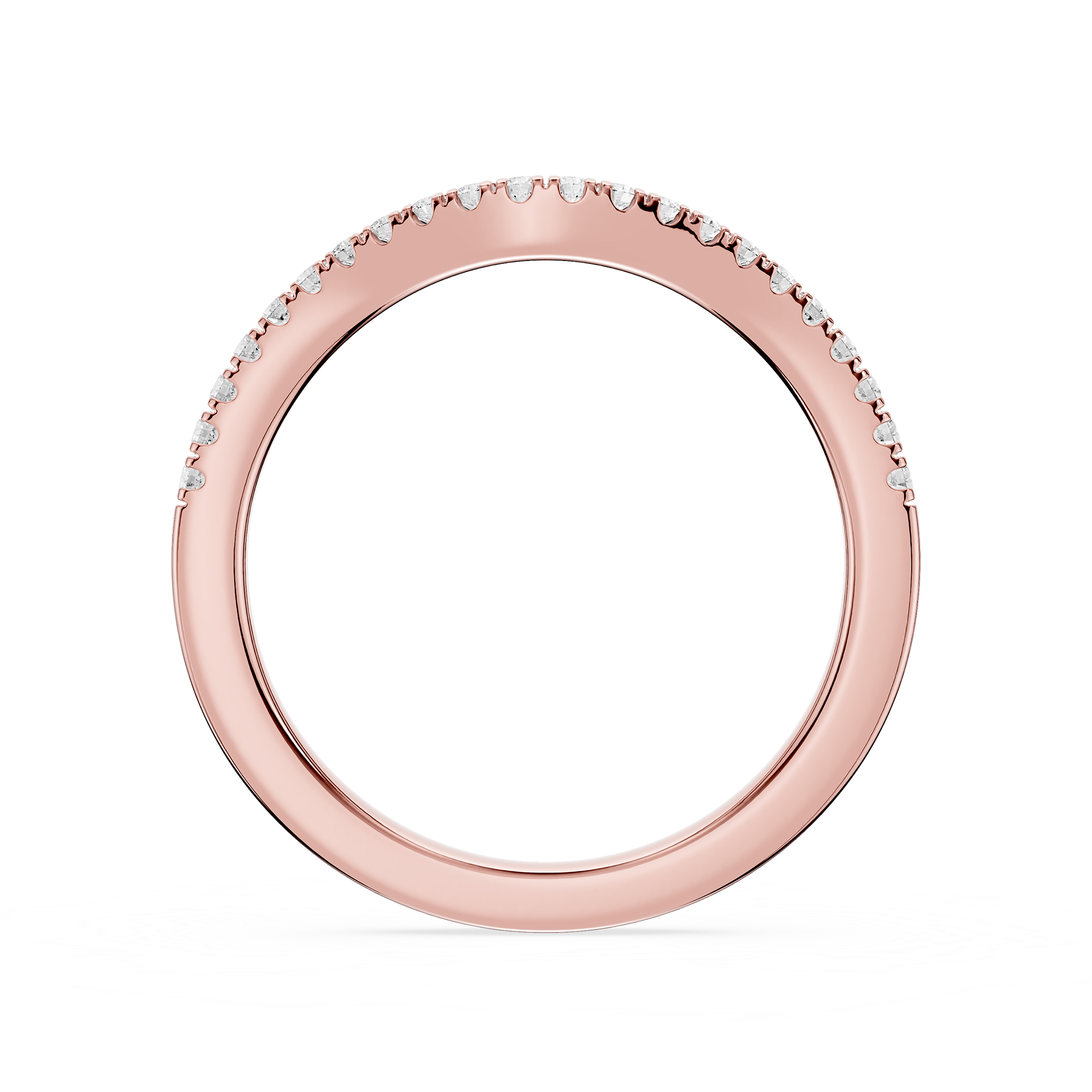 Rose gold ring with small diamonds on a white background
