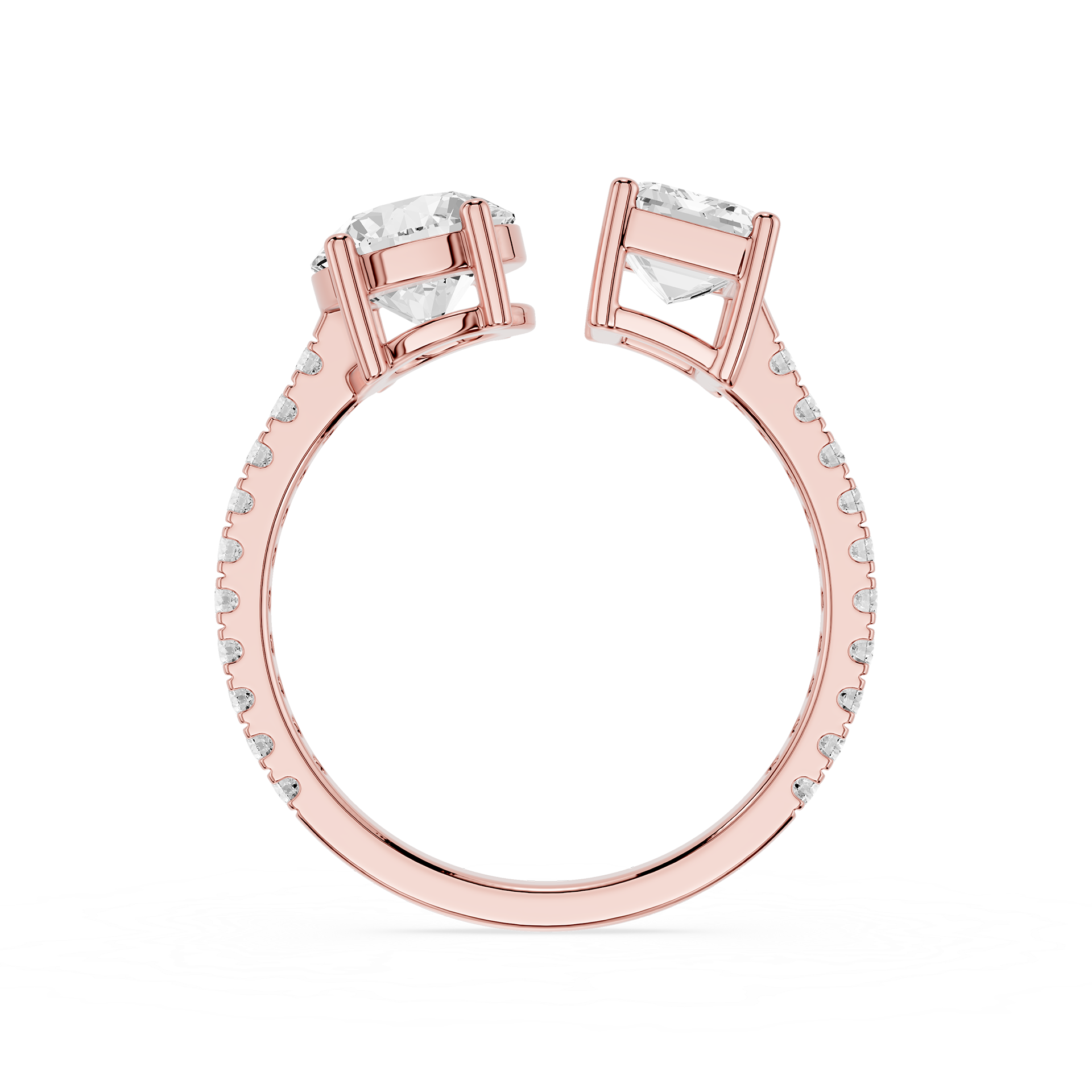 Rose gold split-shank ring with two large clear rectangular gemstones and small pavé-set accent stones along the band, shown on a white background.