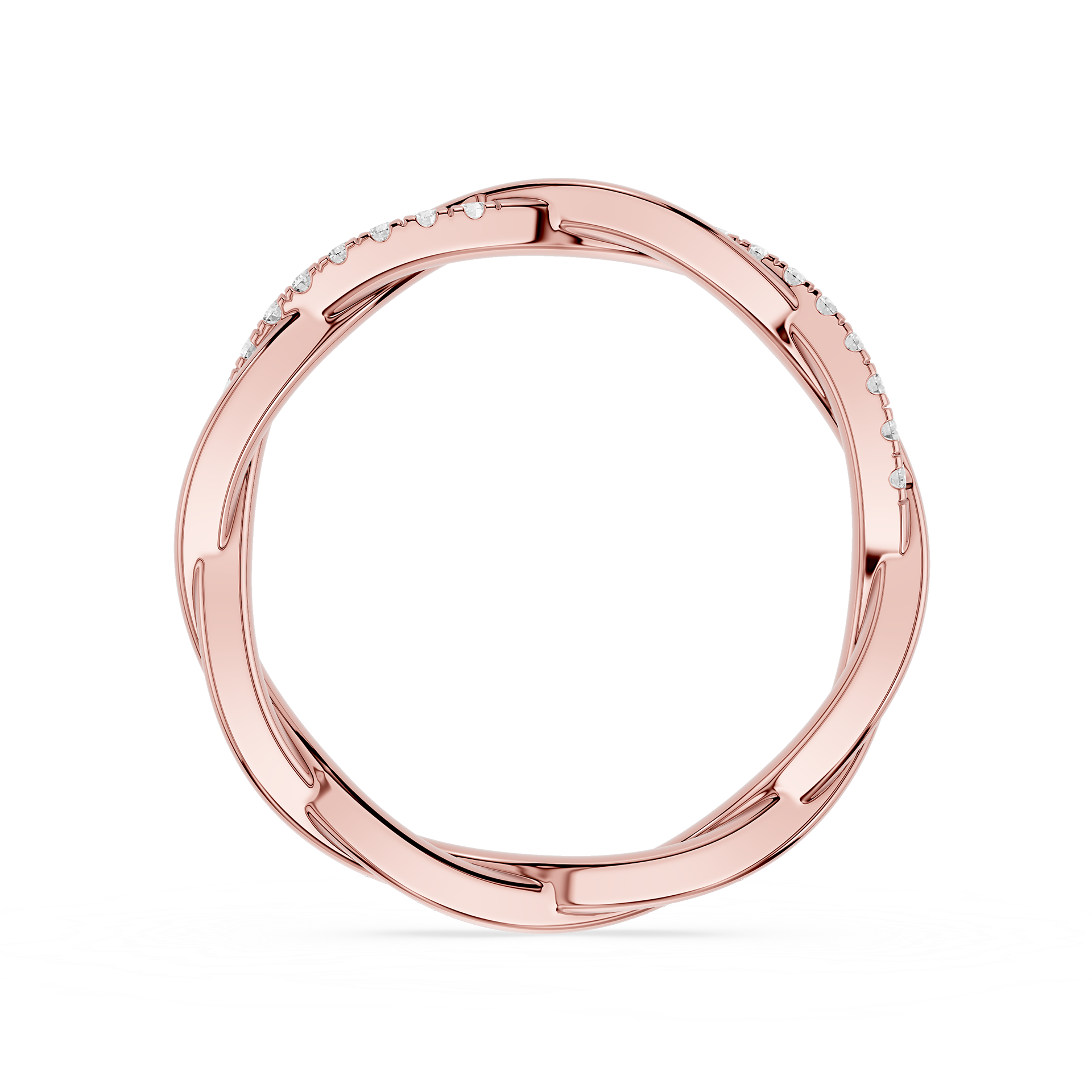 Rose gold ring with small diamonds on a white background
