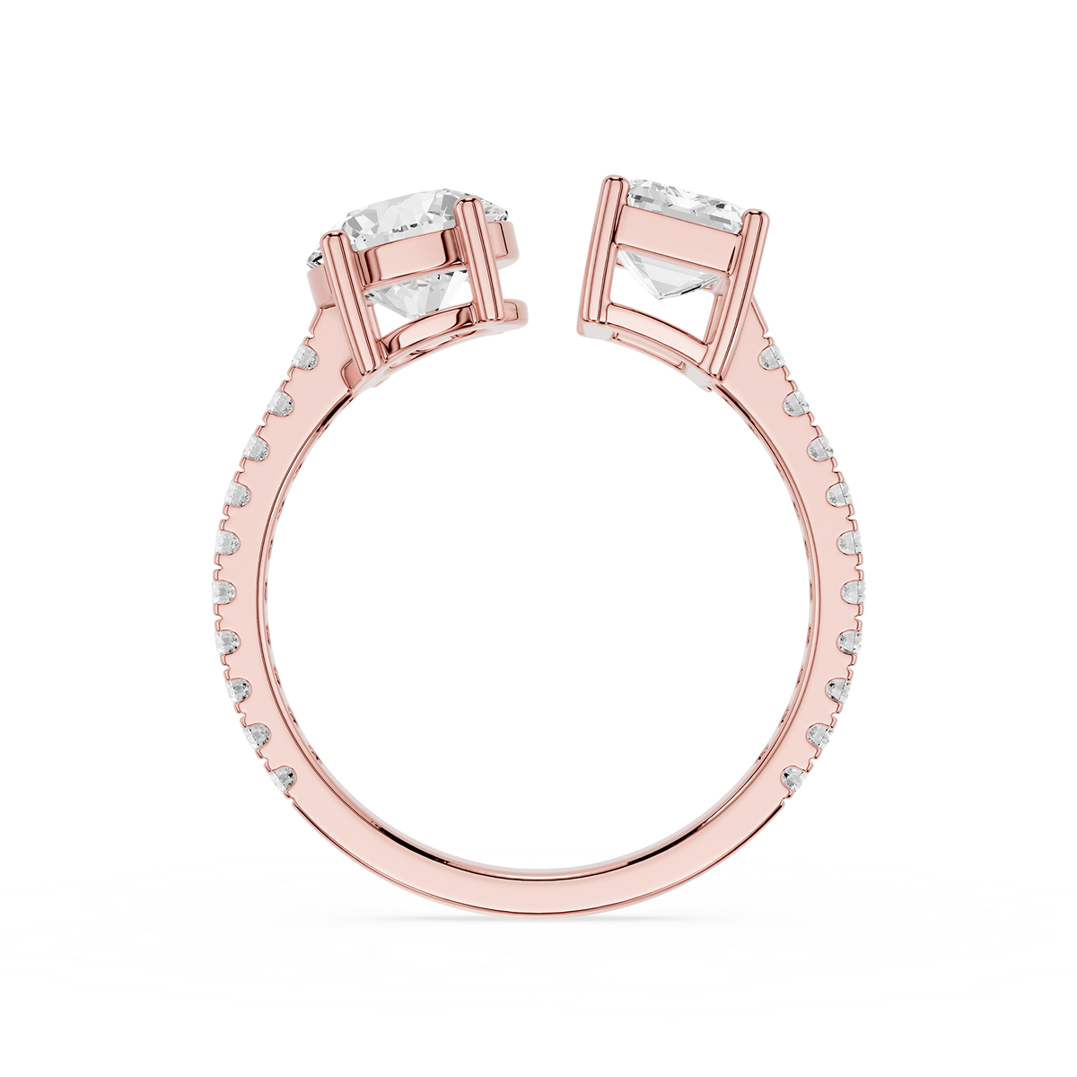 Back View Of Rose Gold Two Stone Round Emerald Cut Lab Diamond Pave Engagement Ring