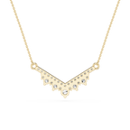 Gold necklace with a V-shaped pendant on a white background