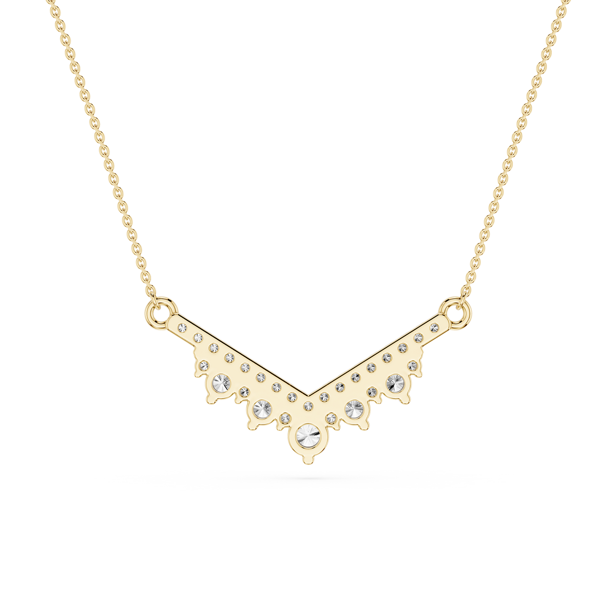 Gold necklace with a V-shaped pendant on a white background