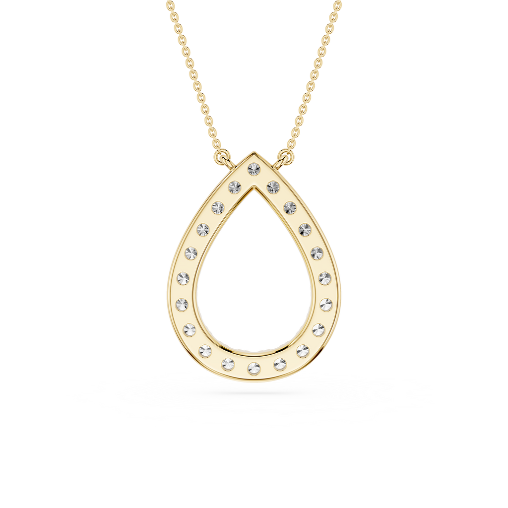 Gold teardrop-shaped necklace with embedded stones on a white background
