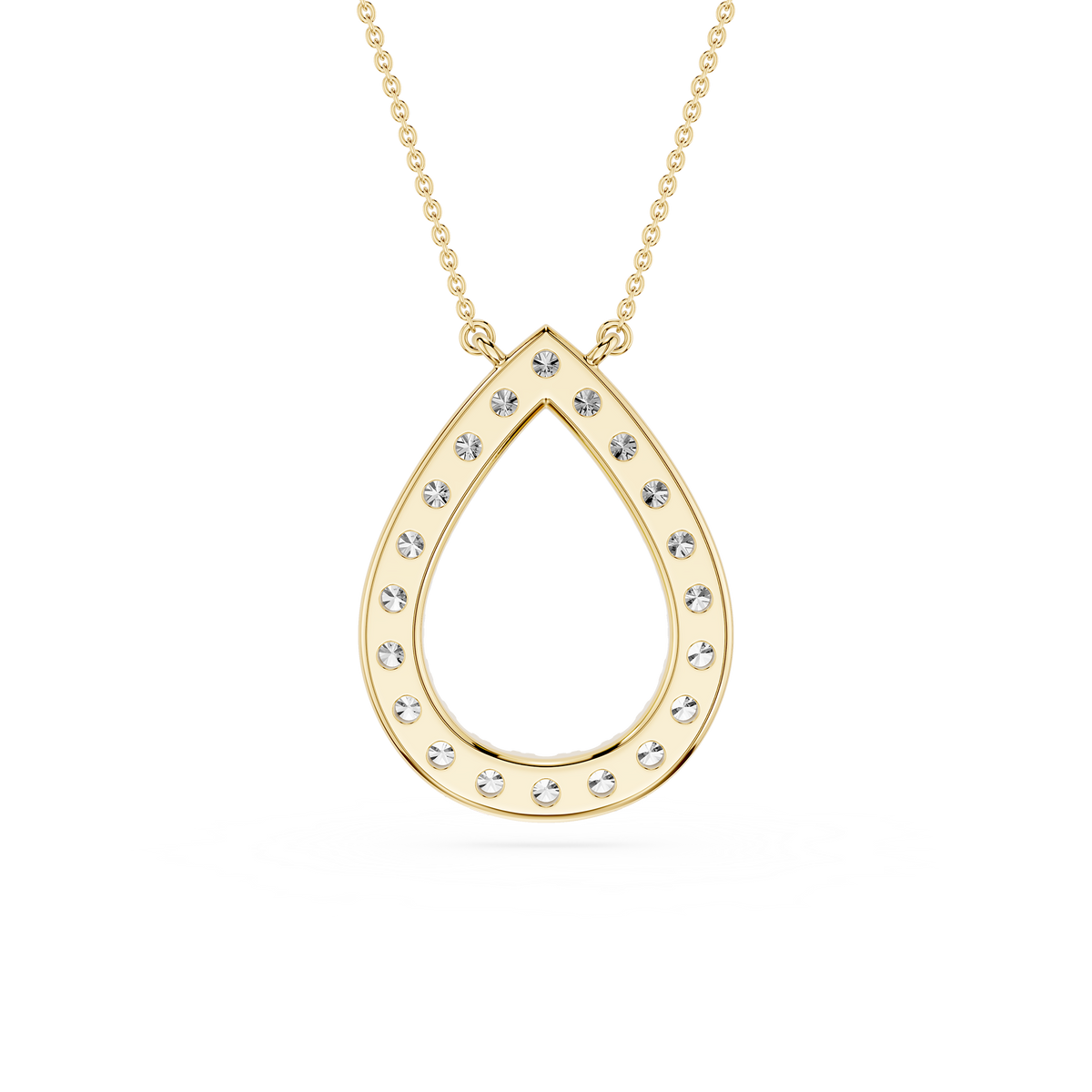 Gold teardrop-shaped necklace with embedded stones on a white background