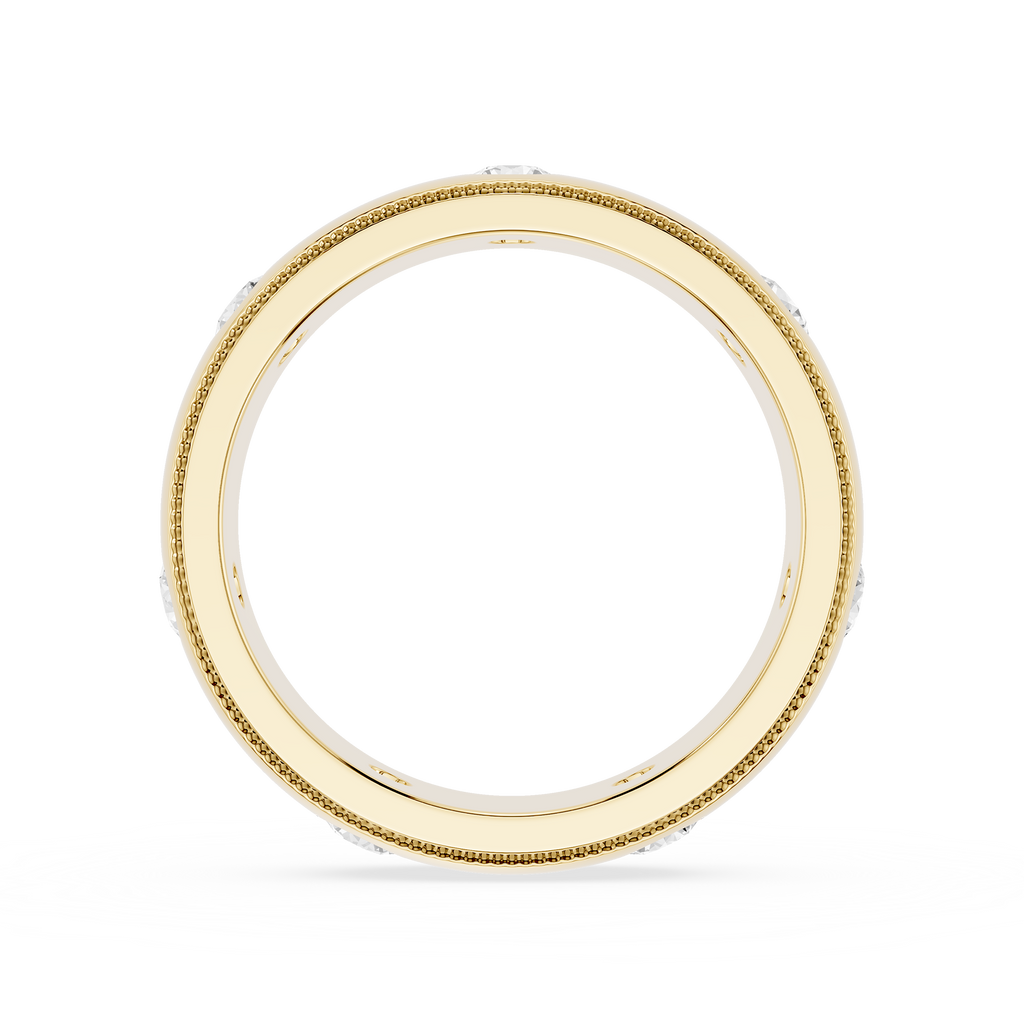 Gold ring with a textured band on a white background