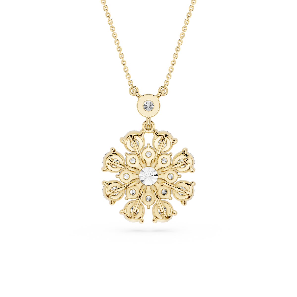 Gold snowflake pendant necklace on a white background