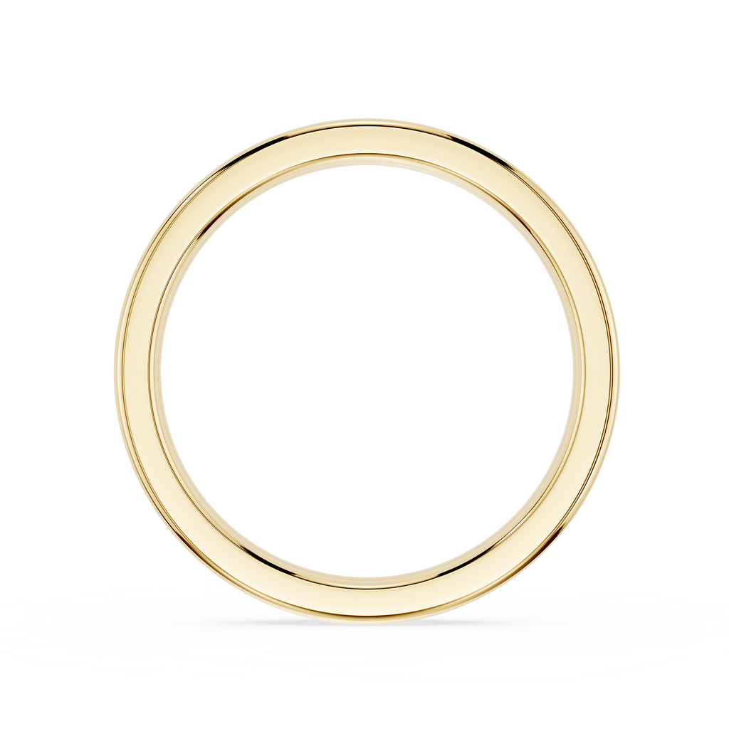 A polished yellow gold ring with a smooth, flat profile, centered on a clean white background.