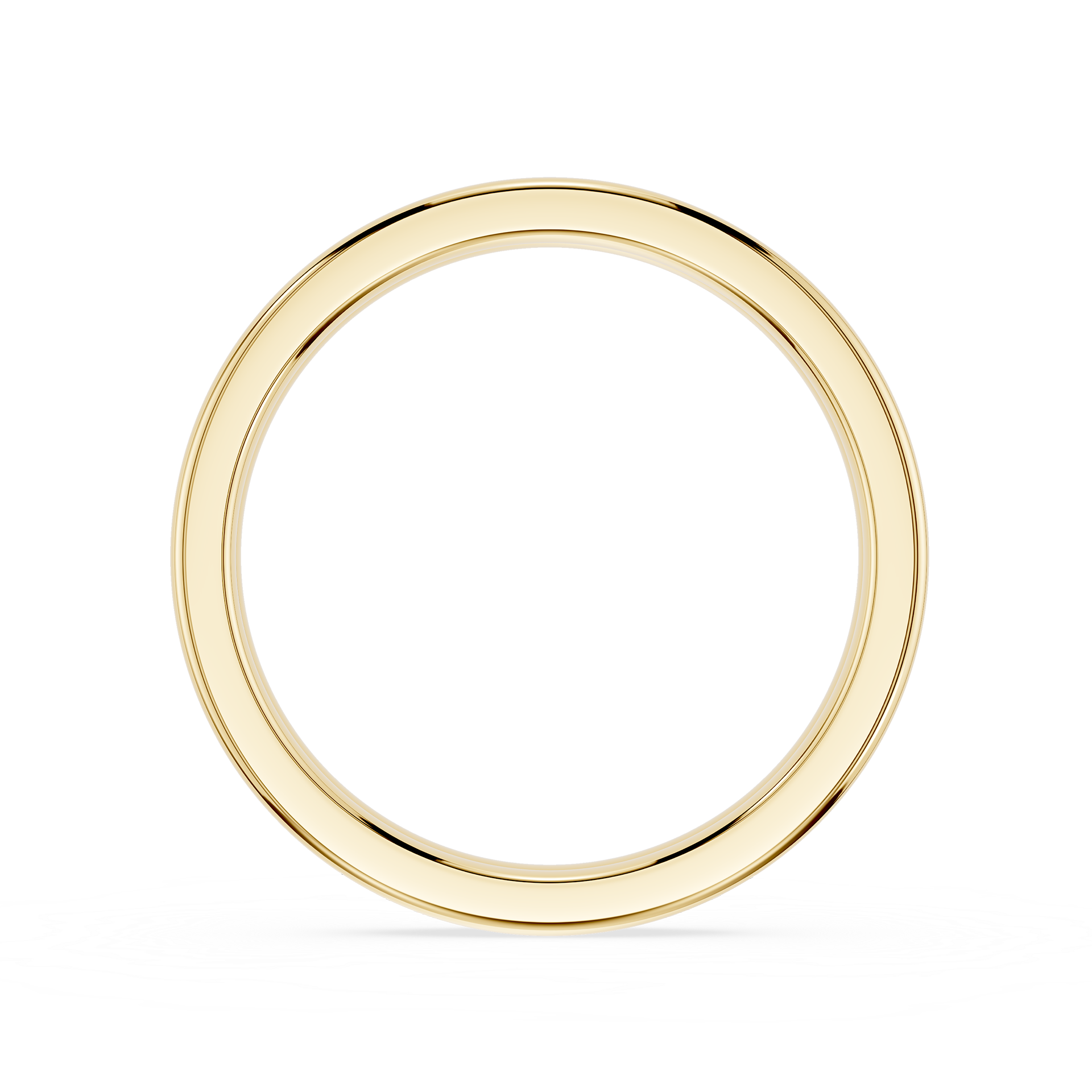 A polished yellow gold ring with a smooth, flat profile, centered on a clean white background.