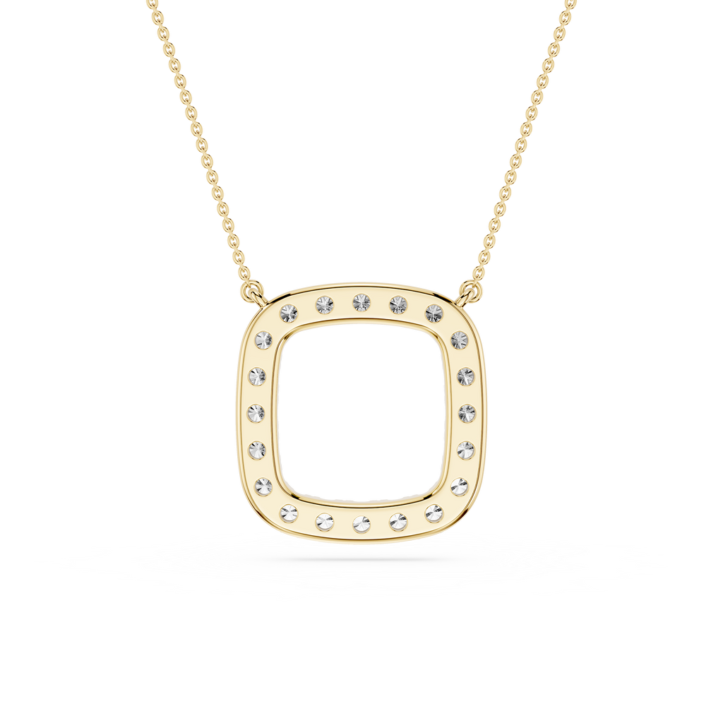Gold necklace with a square pendant on a white background
