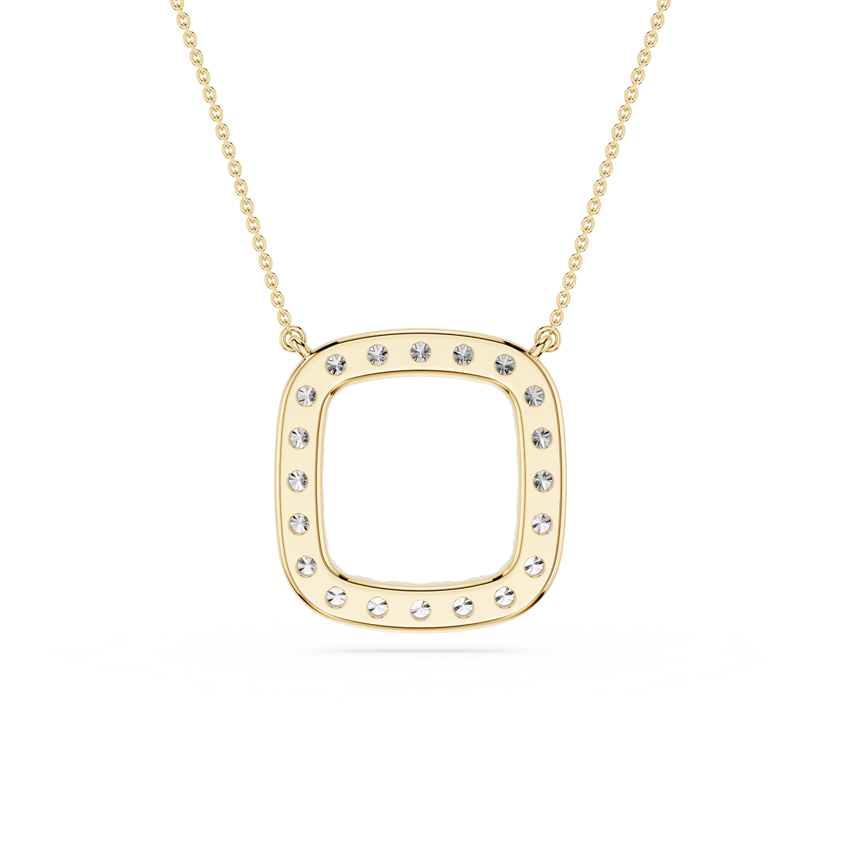 Gold necklace with a square pendant on a white background