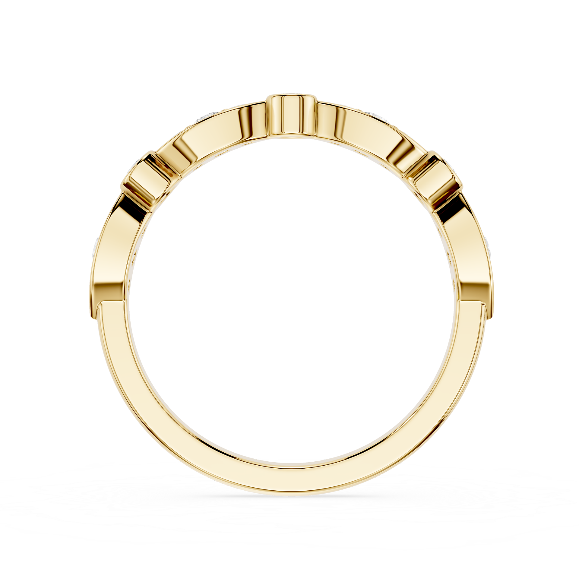 Gold ring with a geometric design on a white background