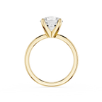 Rose gold ring with a clear gemstone on a white background