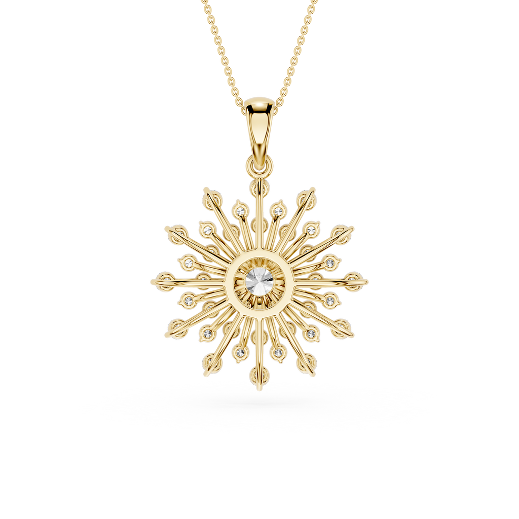 Gold snowflake pendant necklace on a white background
