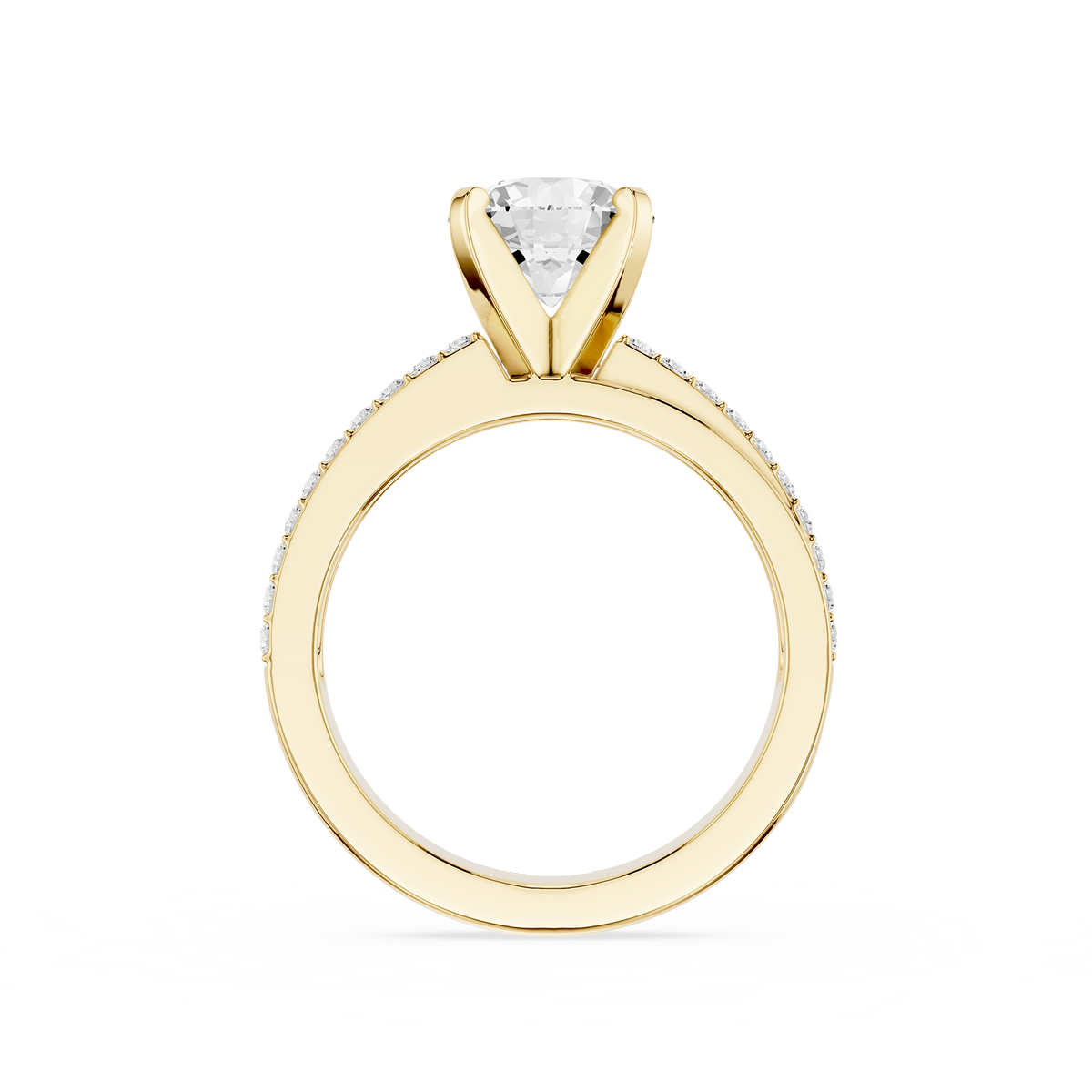 Back View Of Yellow Gold Round Cut Pave Tapered Shank Lab Diamond Engagement Ring