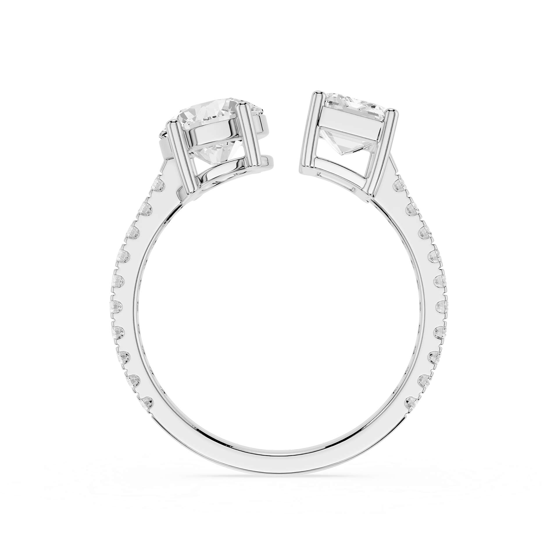 A White Gold ring with two large clear rectangular-cut center stones and a channel-set row of small clear stones along the band, shown on a plain white background.
