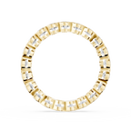 A continuous row of round lab diamonds wraps around this yellow gold wedding band with wave shaped bezel edges
