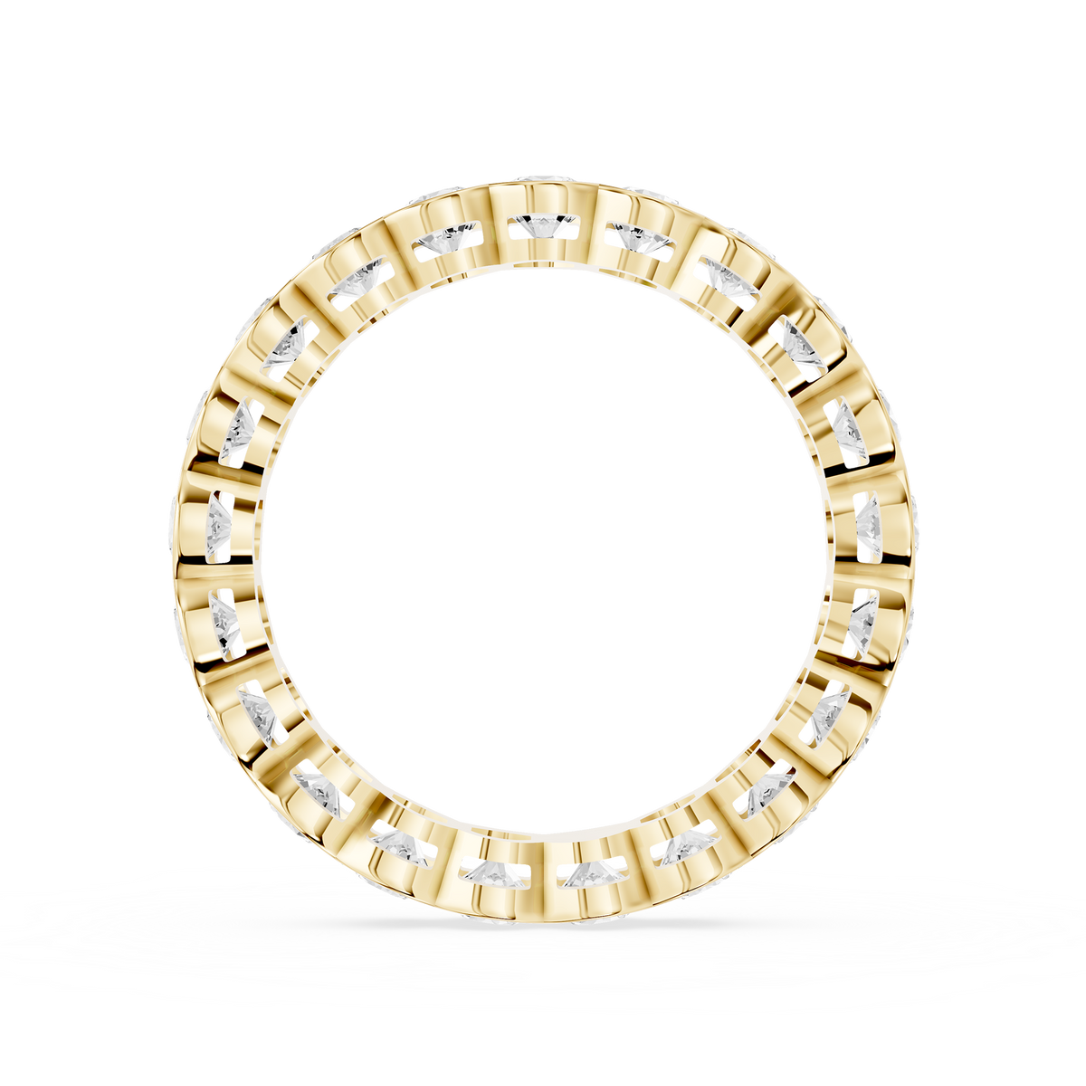 A continuous row of round lab diamonds wraps around this yellow gold wedding band with wave shaped bezel edges