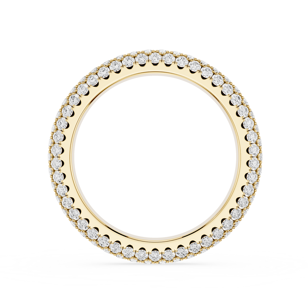 Back View Of Yellow Gold Triple Row Round Cut Lab Grown Diamond Pave Wedding Band