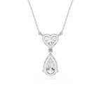Silver necklace with heart and teardrop pendant on a white background