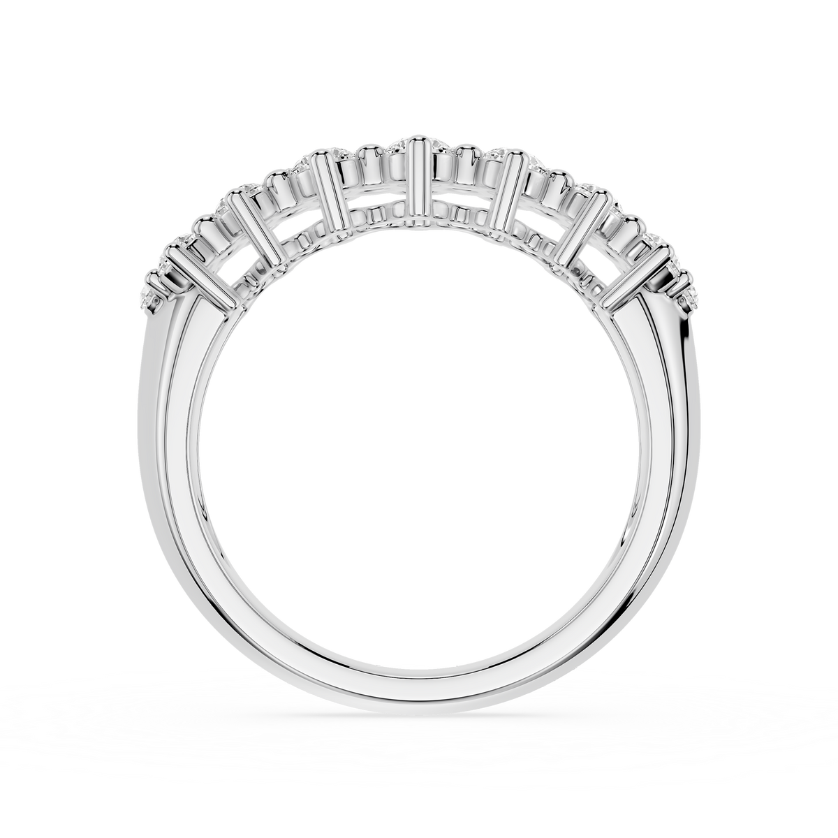 White gold diamond cluster wedding band for women showcasing graduated round lab grown diamonds in a scalloped crown-style setting.