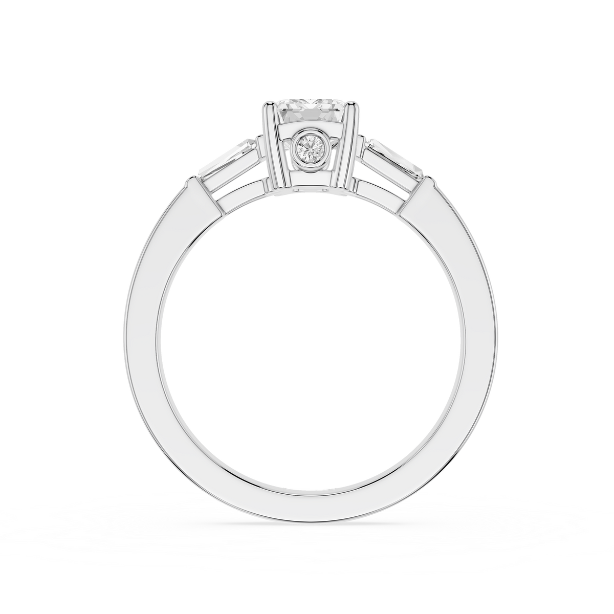 Back View Of 2.5 CT Emerald Cut Lab Diamond Three Stone Solitaire Ring