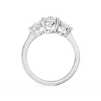 Graduated oval lab diamonds create a three stone engagement ring design on a polished white gold shank