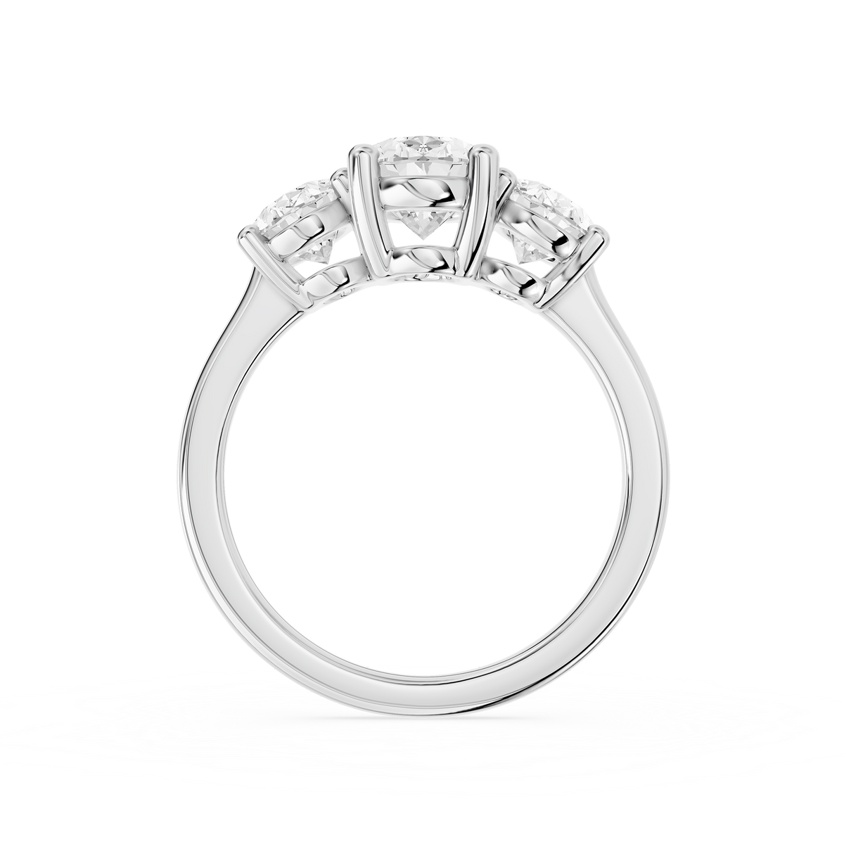 Graduated oval lab diamonds create a three stone engagement ring design on a polished white gold shank