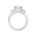 Radiant cut lab diamond trilogy ring in white gold with prong set side stones and a smooth rounded gold band