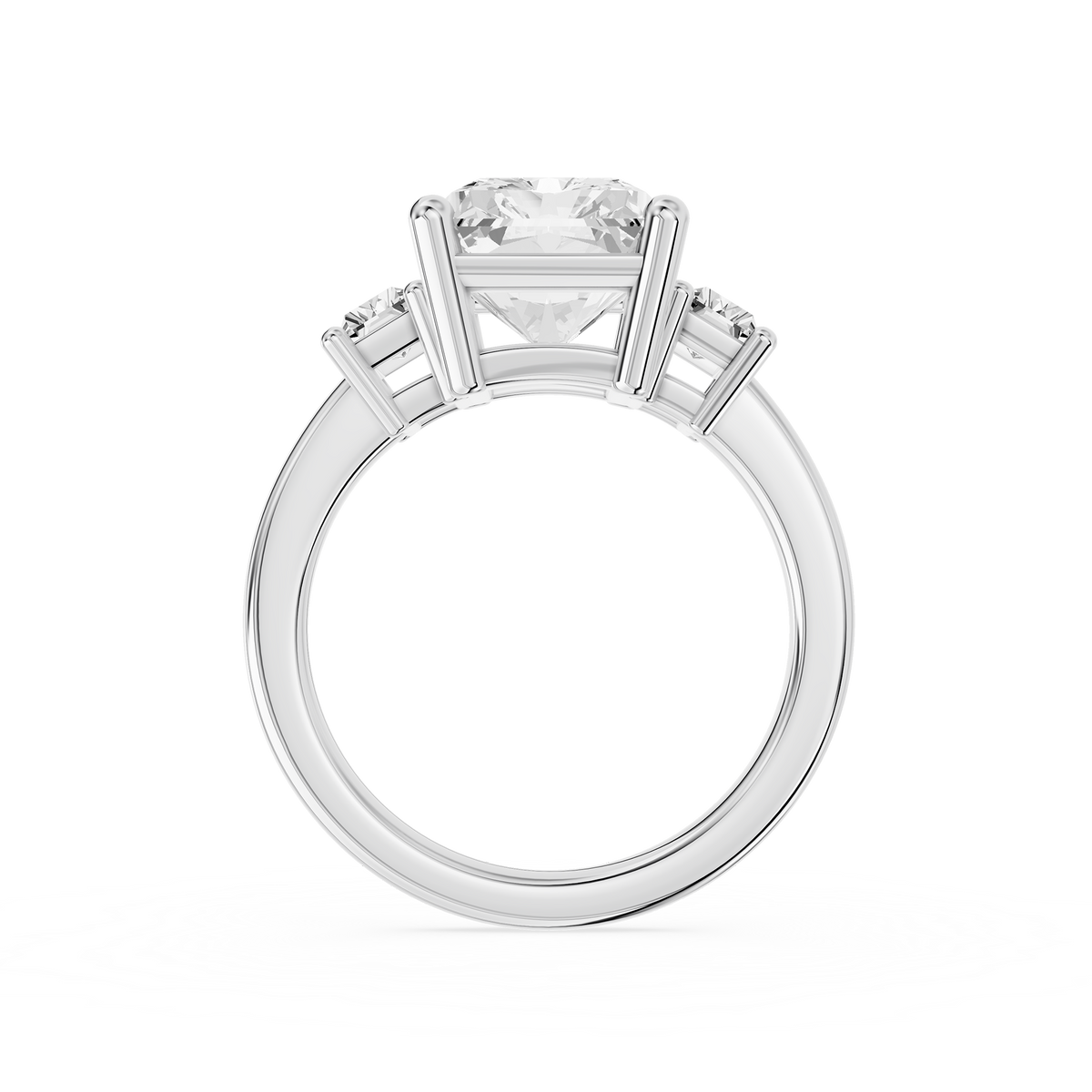 Radiant cut lab diamond trilogy ring in white gold with prong set side stones and a smooth rounded gold band