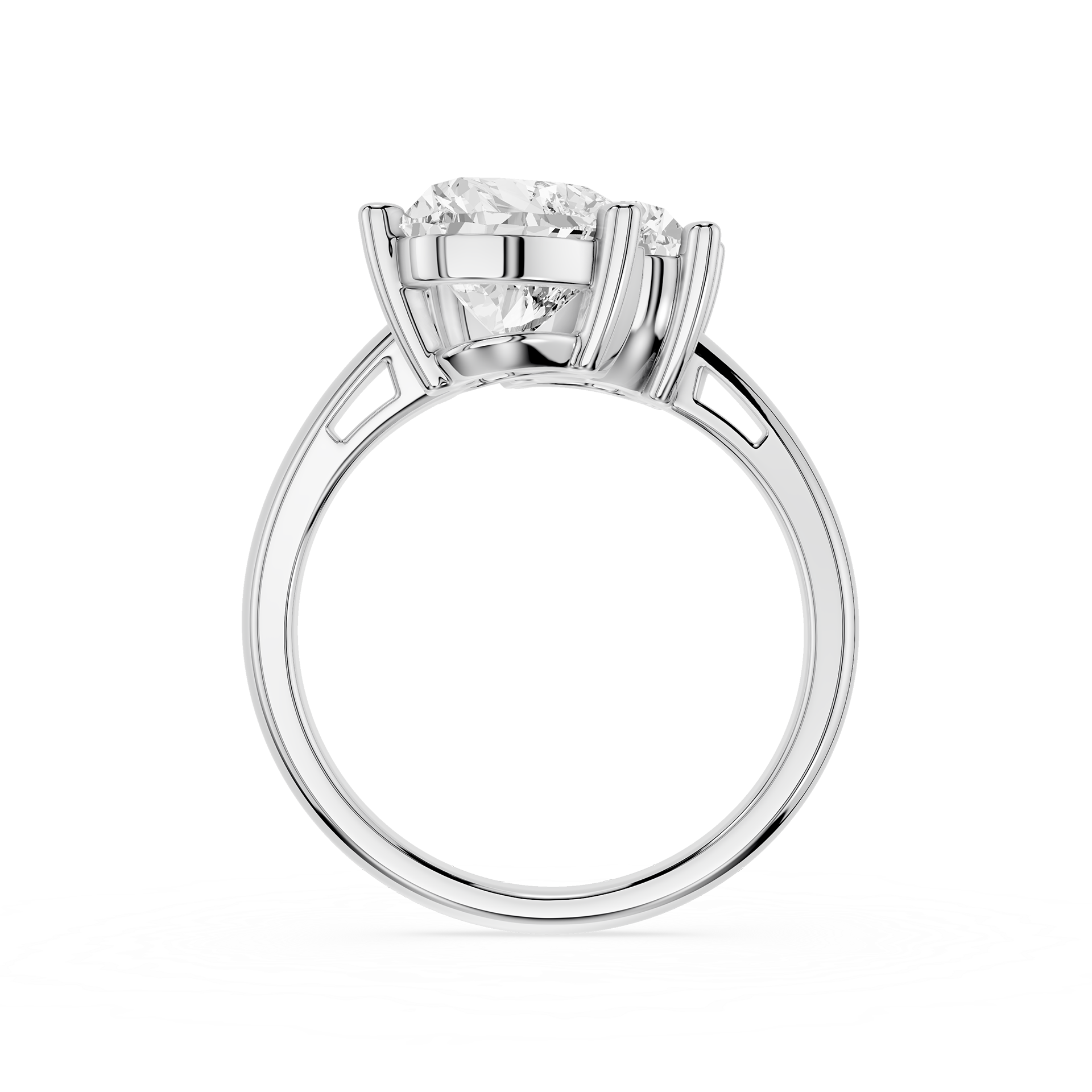 A silver-toned diamond engagement ring with a round brilliant-cut center stone in a four-prong setting, shown on a clean white background.