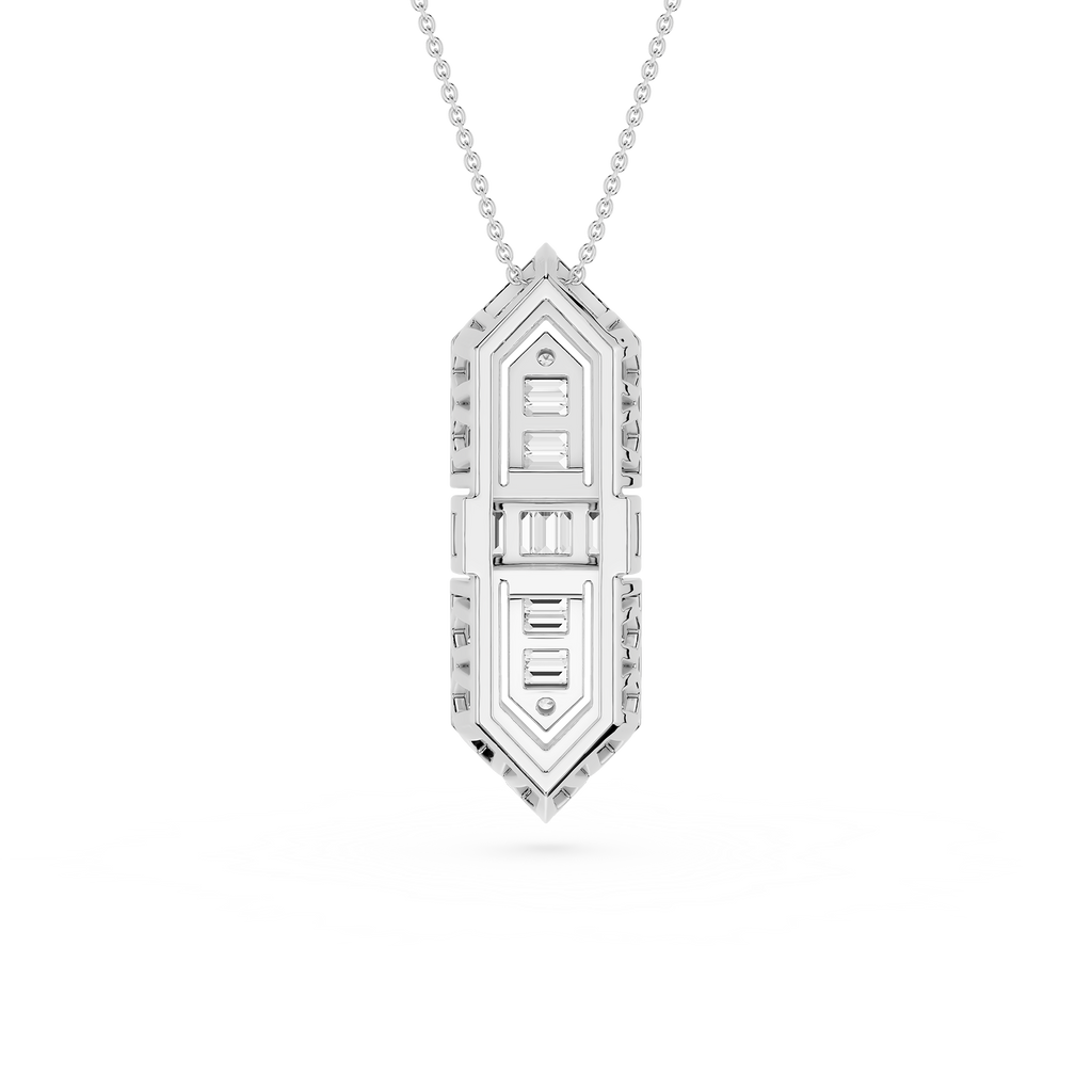 Silver necklace with a geometric pendant on a white background
