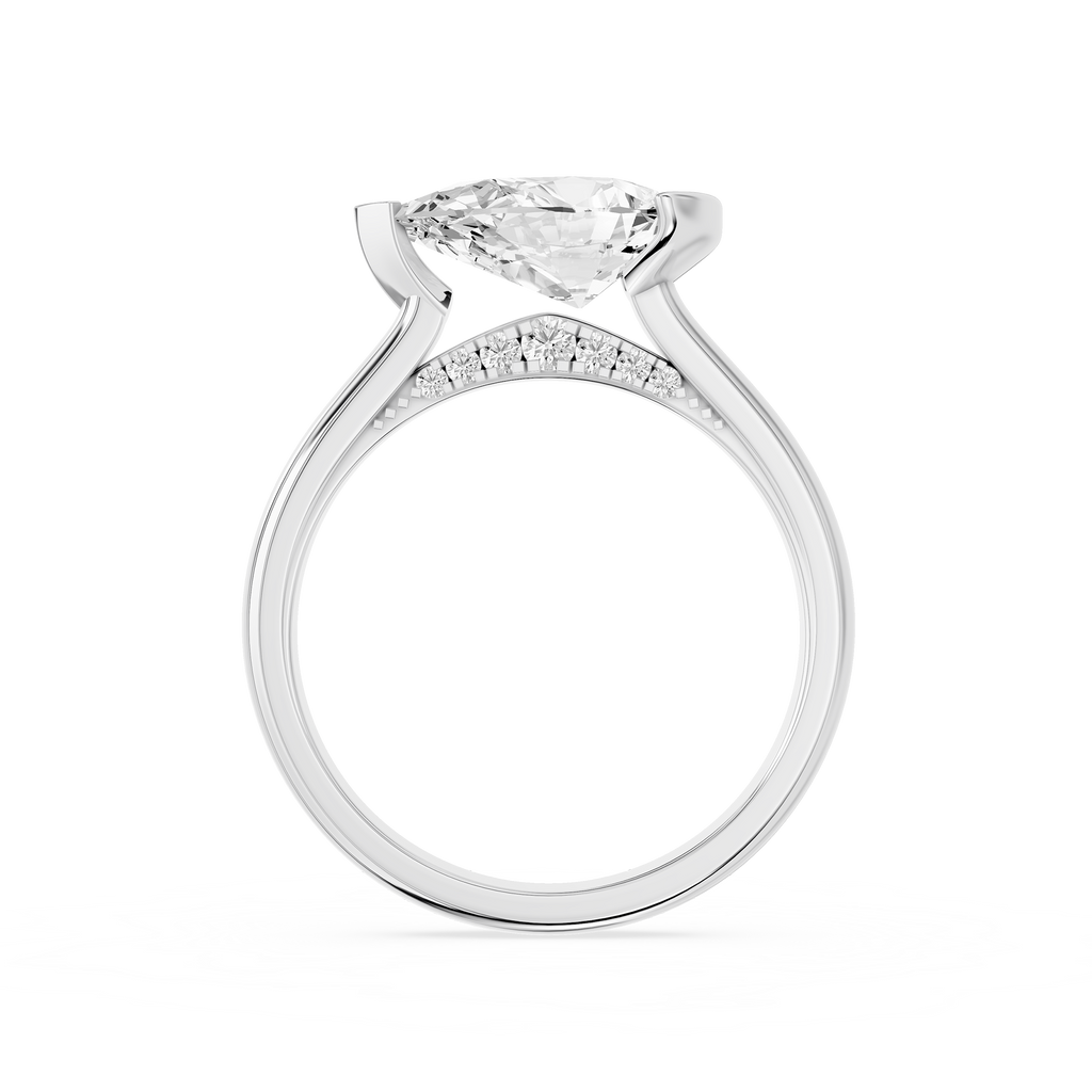 A crescent shaped metal bezel wraps one end of the horizontal pear diamond on this polished white gold solitaire ring
