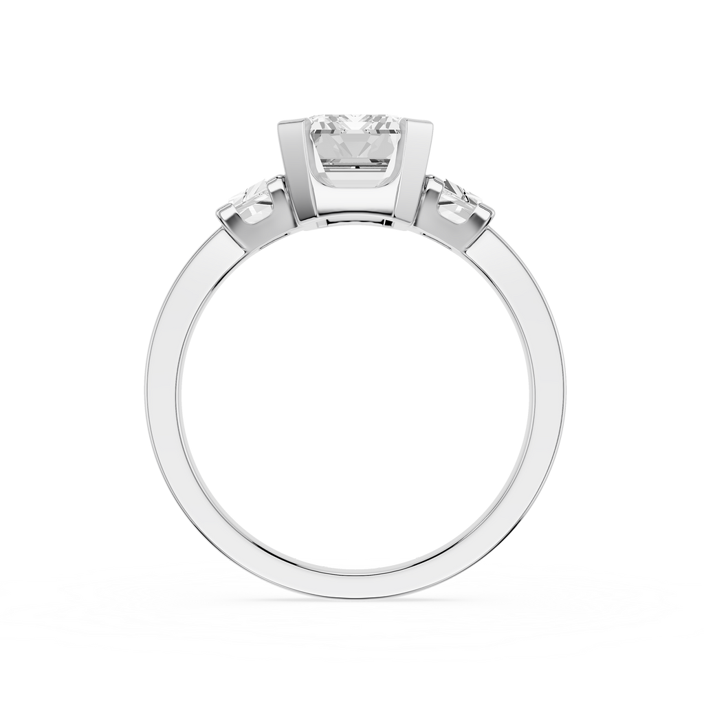 White Gold Emerald Cut Lab Diamond Semi Bezel Trio Engagement Ring With Trapezoide Side Stones