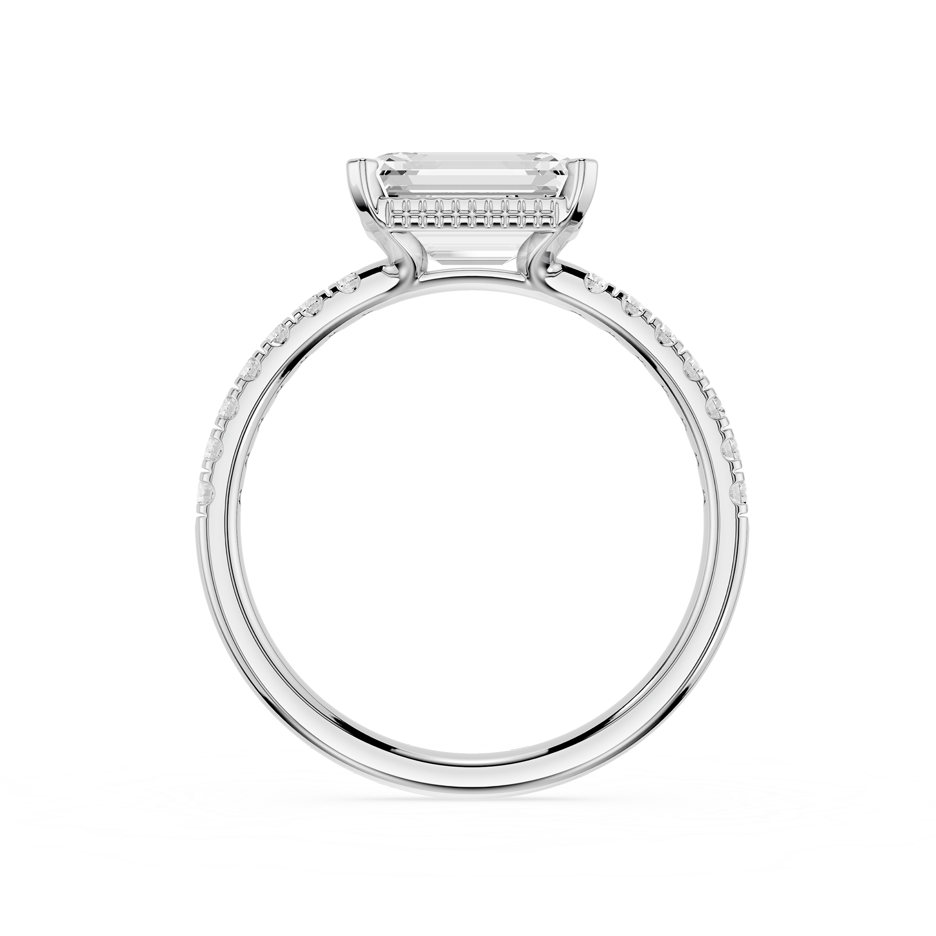 A silver-toned engagement ring featuring a rectangular baguette-cut center stone in a prong setting, with a micro-beaded halo and a pavé-set shank, shown on a solid white background.