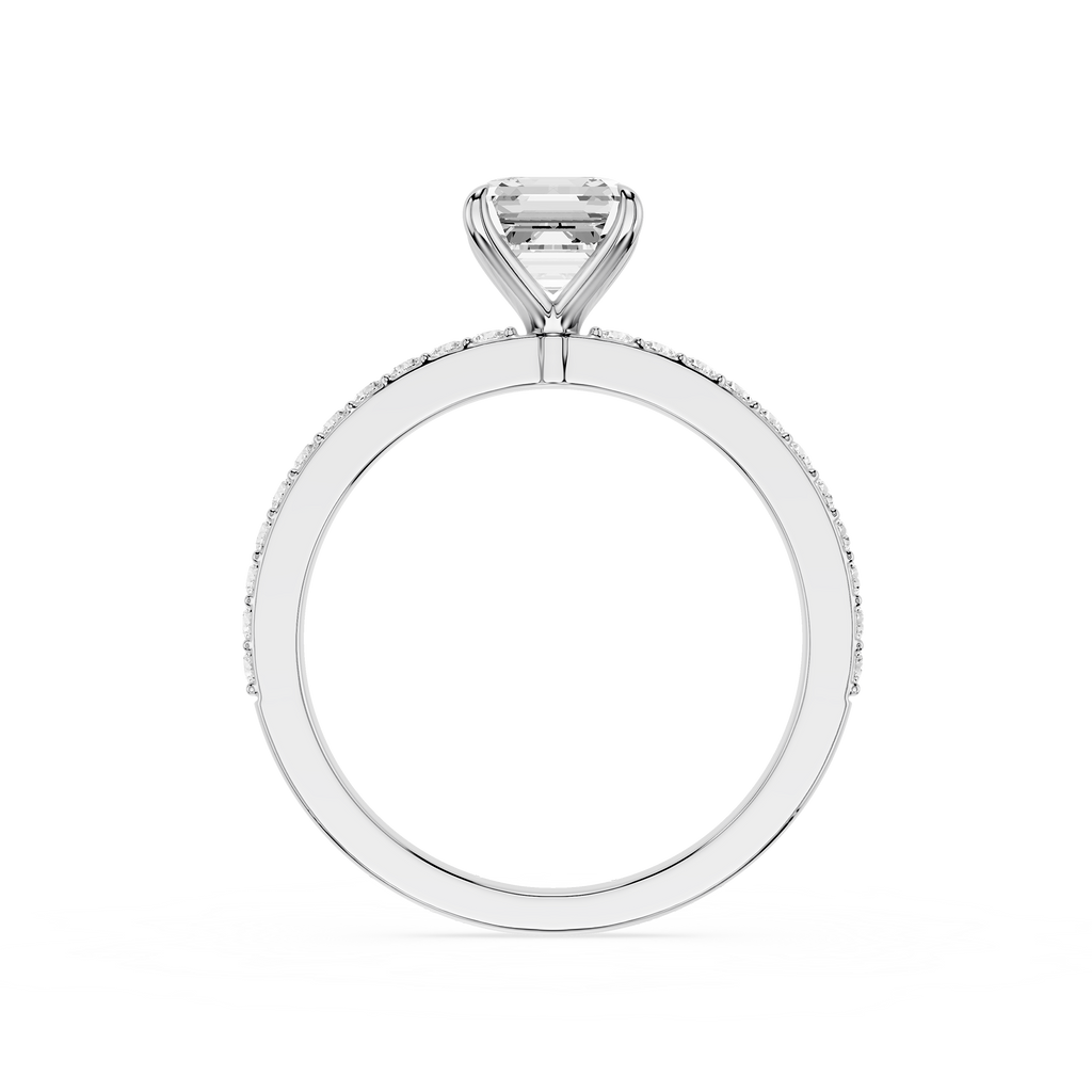 A silver-toned diamond ring featuring a rectangular cushion-cut center stone in a four-prong setting, with a halo of small round diamonds along the band, shown against a plain white background.