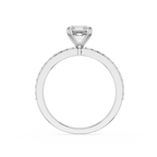 A silver-toned diamond ring featuring a rectangular cushion-cut center stone in a four-prong setting, with a halo of small round diamonds along the band, shown against a plain white background.