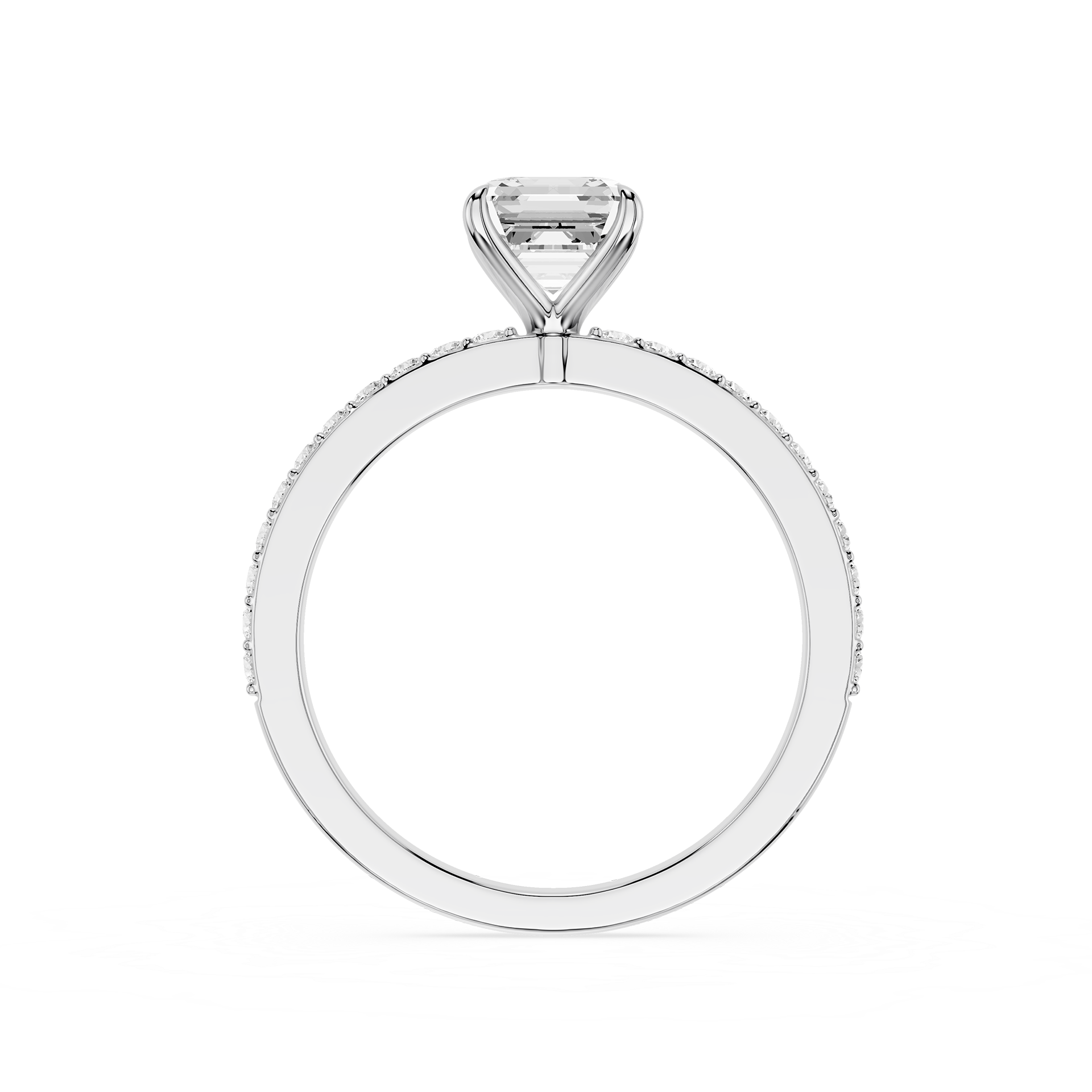 A silver-toned diamond ring featuring a rectangular cushion-cut center stone in a four-prong setting, with a halo of small round diamonds along the band, shown against a plain white background.