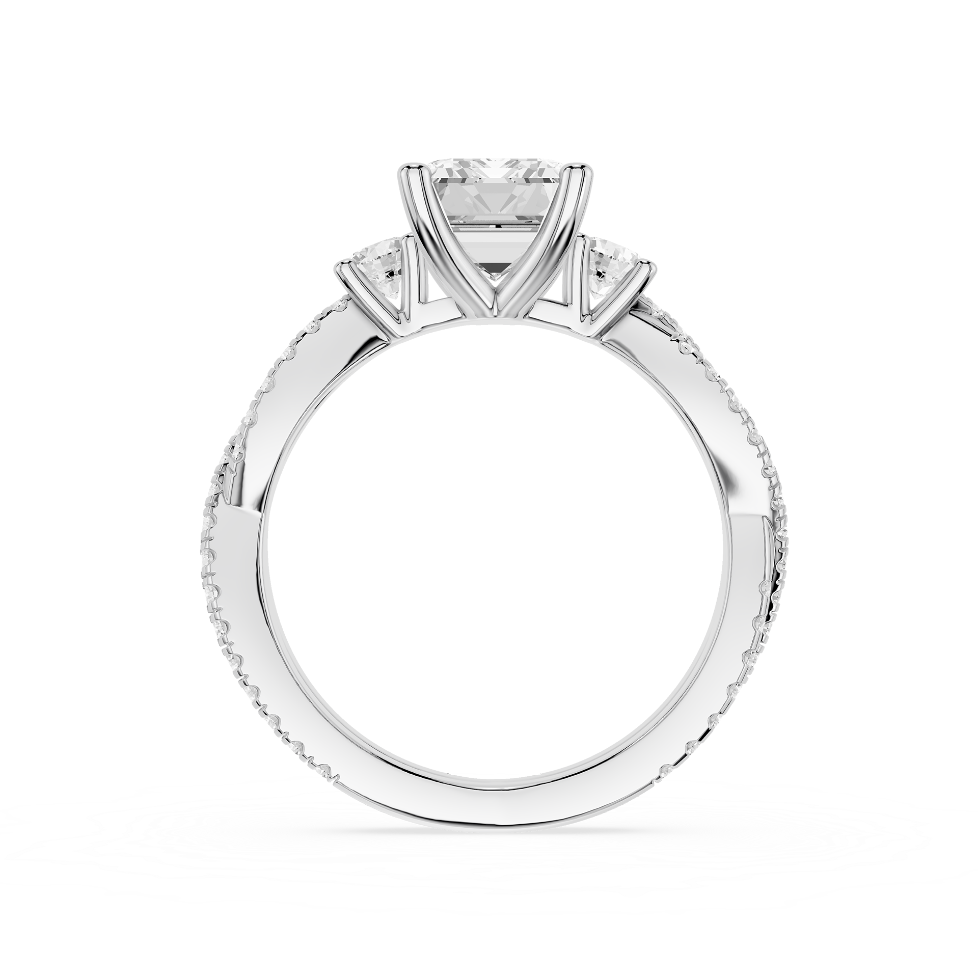 Diamond ring with a central diamond flanked by two smaller diamonds on a white background