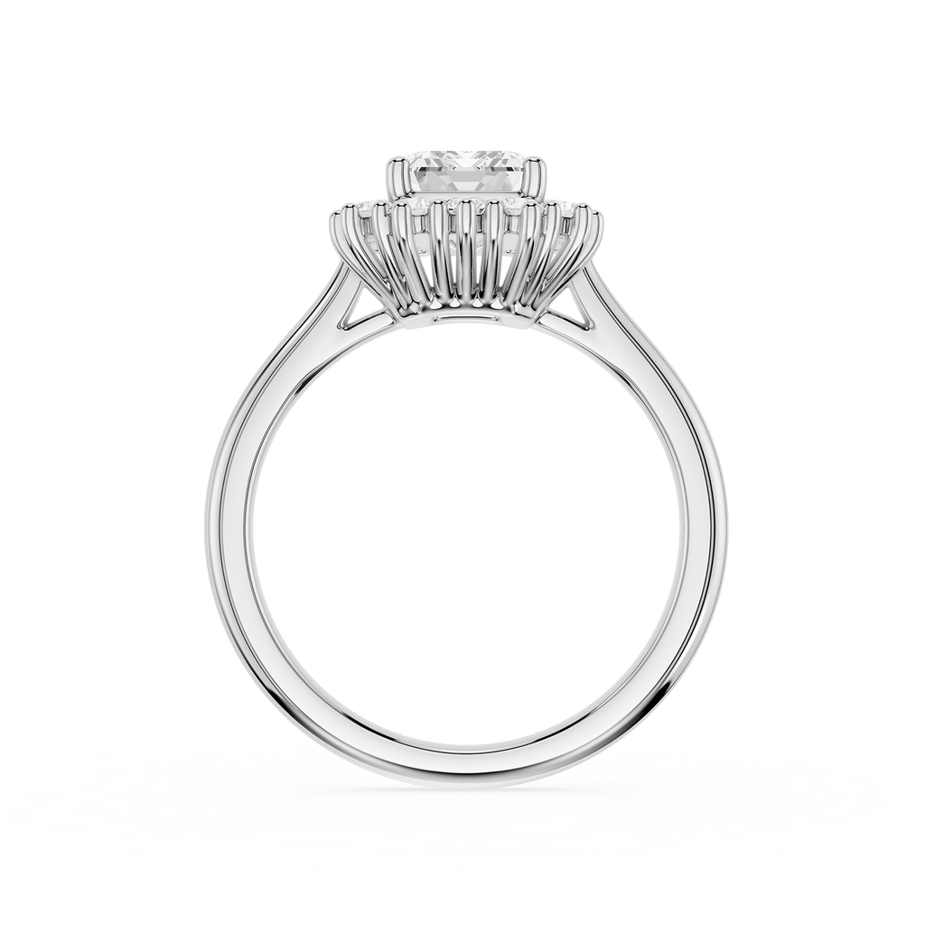 A silver-toned diamond ring with a halo-style setting and a round center stone, shown on a plain white background.