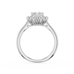 A silver-toned diamond ring with a halo-style setting and a round center stone, shown on a plain white background.