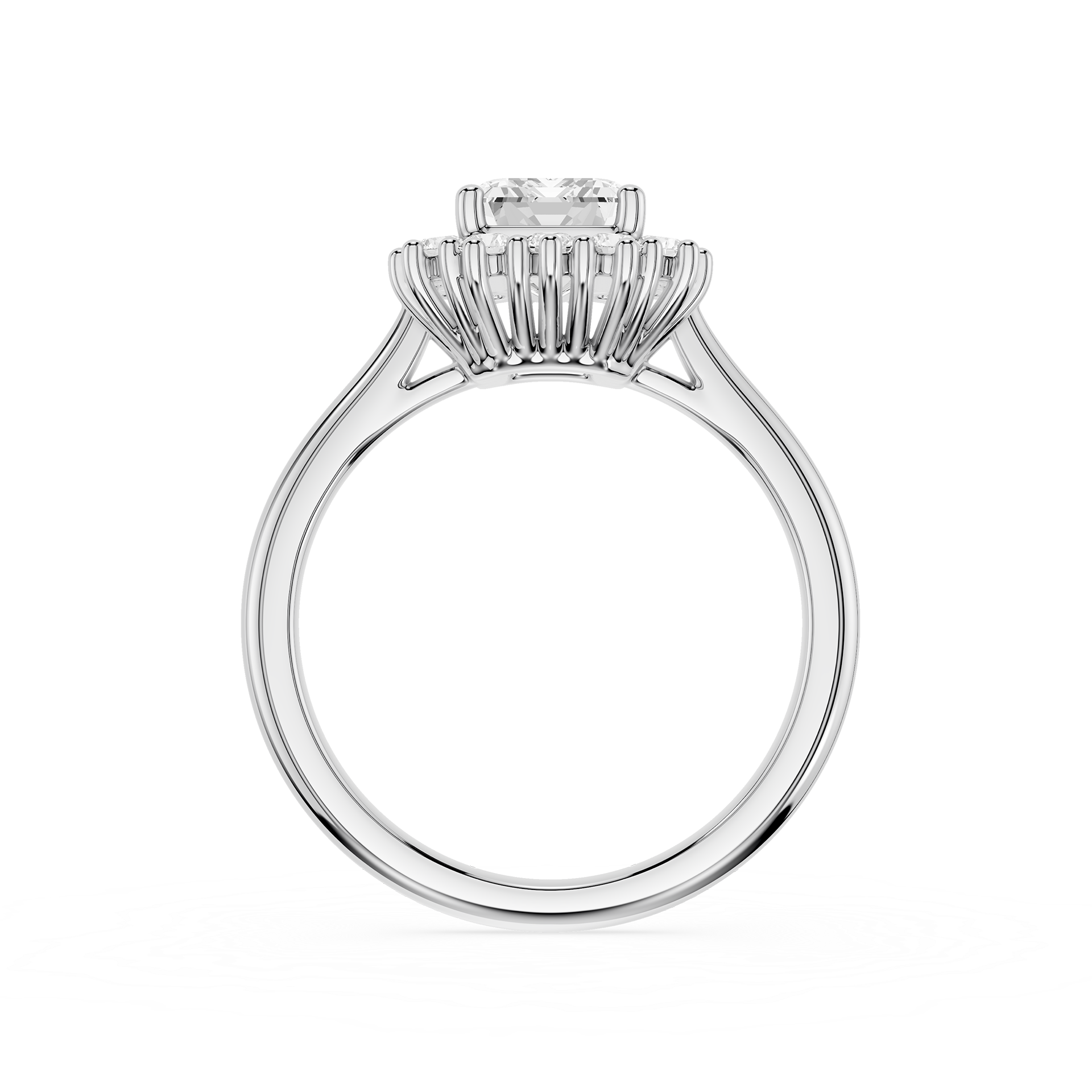 A silver-toned diamond ring with a halo-style setting and a round center stone, shown on a plain white background.