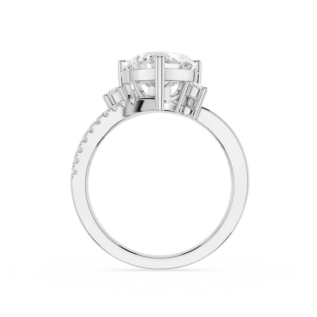 A white gold or platinum engagement ring featuring a large round brilliant-cut center stone in a four-prong setting, accented by smaller round stones along the shoulders, shown on a plain white background.