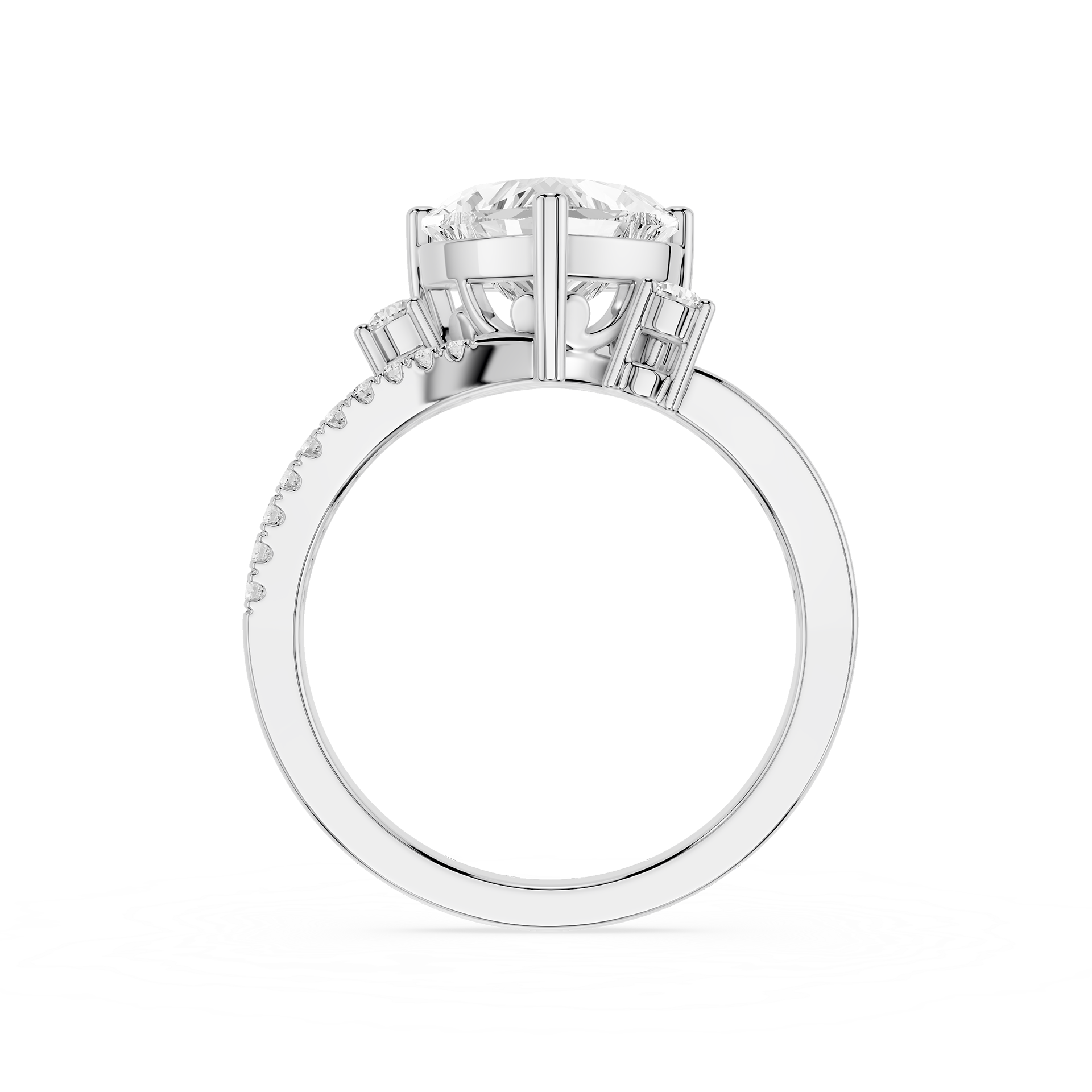 A white gold or platinum engagement ring featuring a large round brilliant-cut center stone in a four-prong setting, accented by smaller round stones along the shoulders, shown on a plain white background.