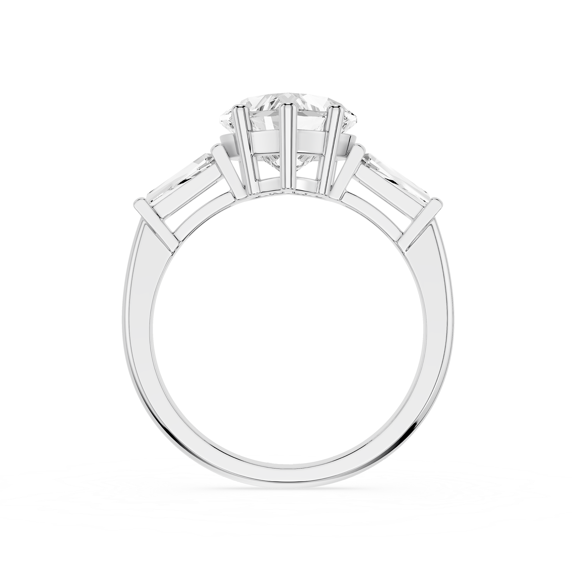 Diamond ring with a central gemstone and smaller stones on a white background