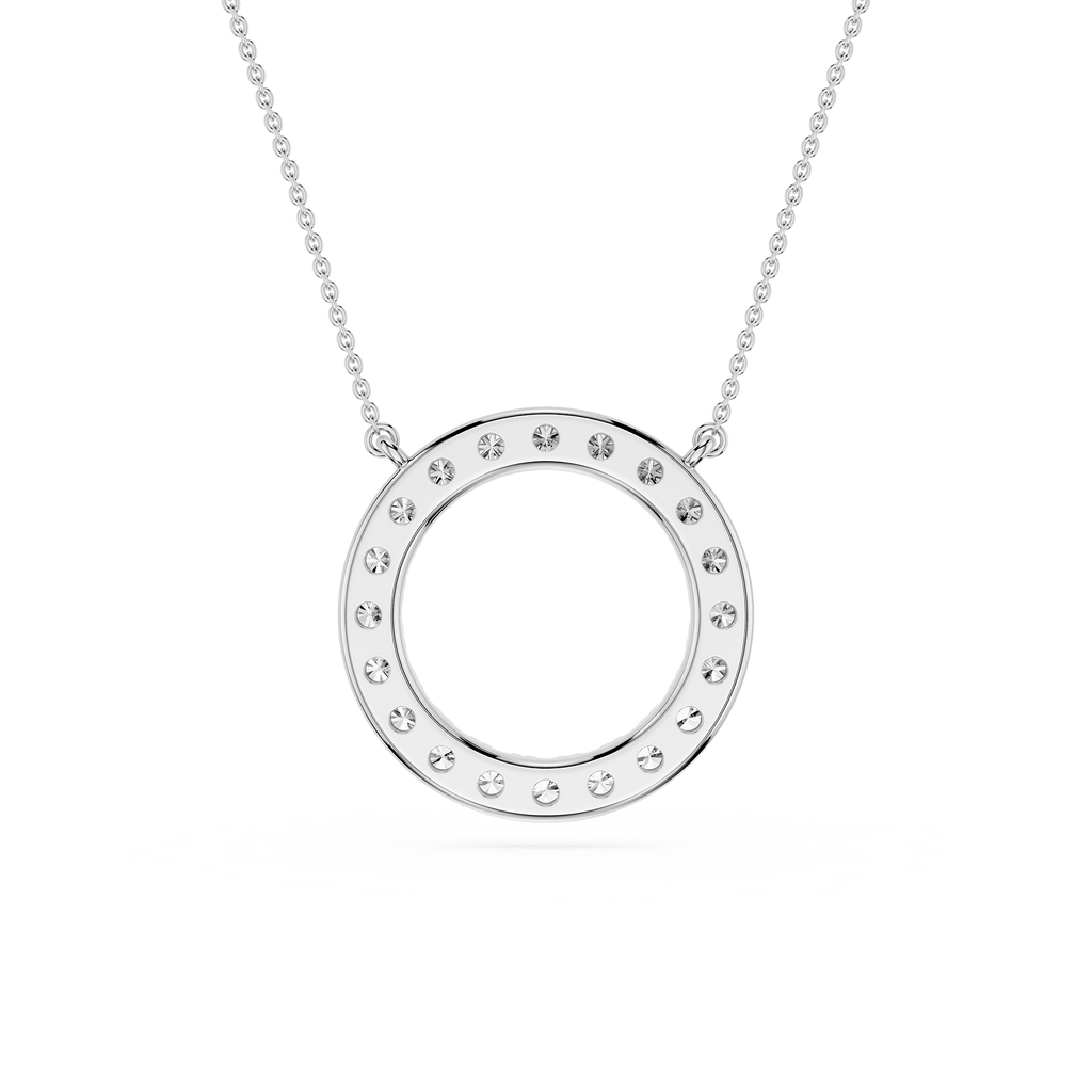 Silver necklace with a round pendant on a white background