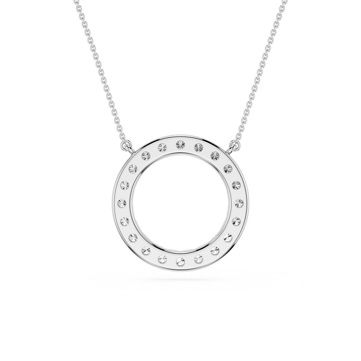 Silver necklace with a round pendant on a white background
